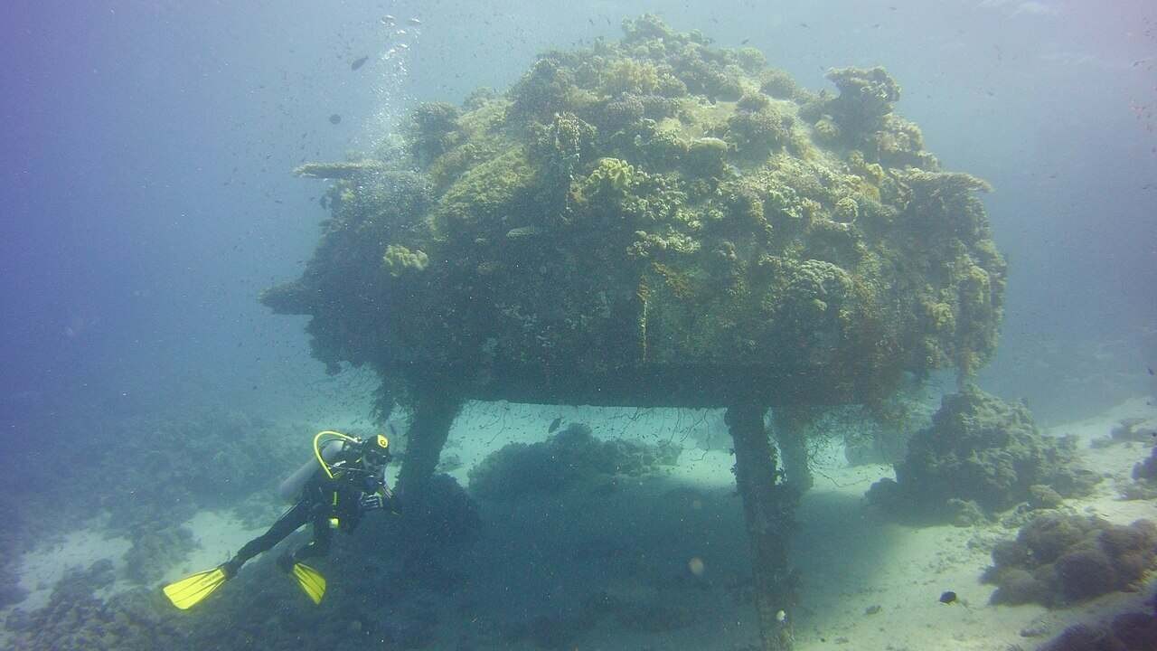 Pozostatky podmorskej základne Conshelf II v Červenom mori, kde Jacques Cousteau v roku 1963 testoval dlhodobý život ľudí pod hladinou. 