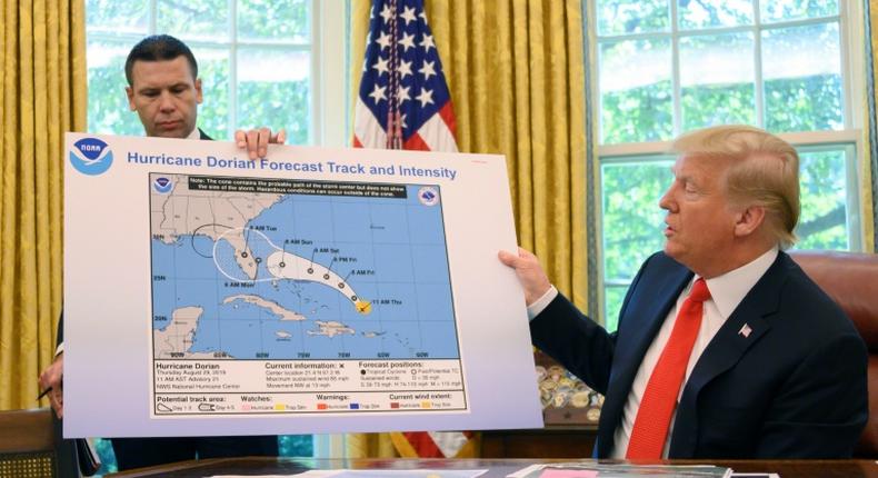 US President Donald Trump updates the media on Hurricane Dorian preparedness from the Oval Office at the White House