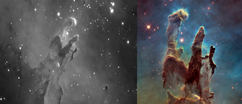 Filary Stworzenia (część Mgławicy Orzeł oddalonej od Ziemi o 7 tys. lat świetlnych). Po lewej stronie znajduje się nieobrobione zdjęcie uzyskane przez Kosmiczny Teleskop Hubble'a (linia spektralna H-alfa o długości fali 656,28 nm). Po prawej widzimy obrobioną fotografię.