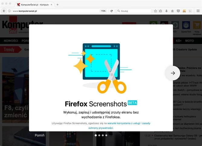 Firefox Screenshots w Firefoksie Nightly