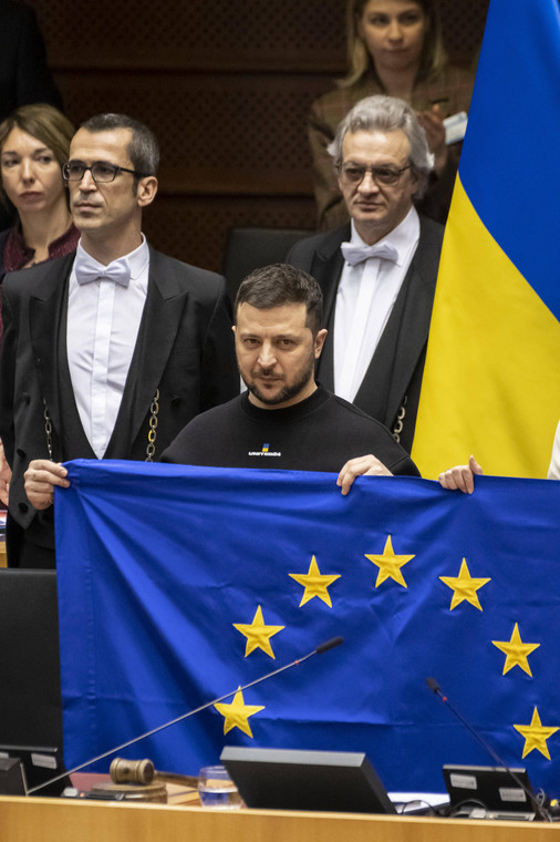 Prezydent Ukrainy Wołodymyr Zełenski w Brukseli, luty 2023 r.