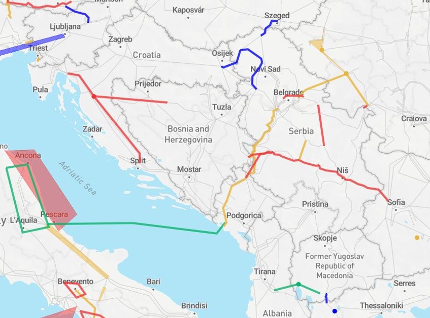 Žuto: Projekti u procesu dobijanja dozvole, Crveno: Projekti za sada samo u planu, Plavo: Projekti koji se razmatraju, Zeleno: Projekti u izgradnji