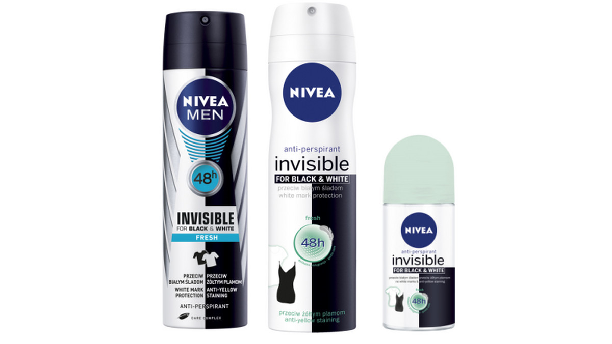 NIVEA Invisible Black&amp;White – wybór nr 1 Polek, teraz dostępny w nowej, zniewalająco świeżej wersji zapachowej– FRESH. Pozwoli ci zadbać o ochronę antyperspiracyjną i orzeźwić twój styl, od czerni do bieli. Antyperspirant NIVEA Invisible Black&amp;White FRESH osiągalny jest również w formie spray’u i roll-on’u; nie zawiera alkoholu ani sztucznych barwników. Dzięki ochronie gwarantowanej przez NIVEA Invisible możesz wyglądać i czuć się świeżo!