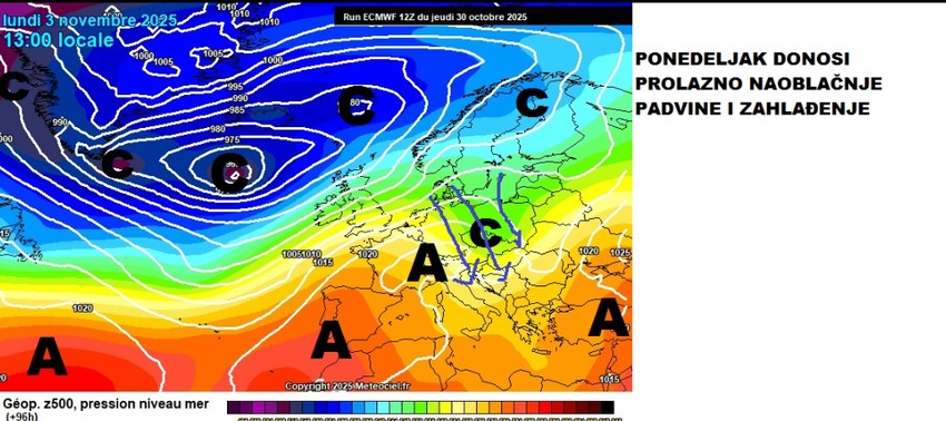 U ponedeljak zahlađenje