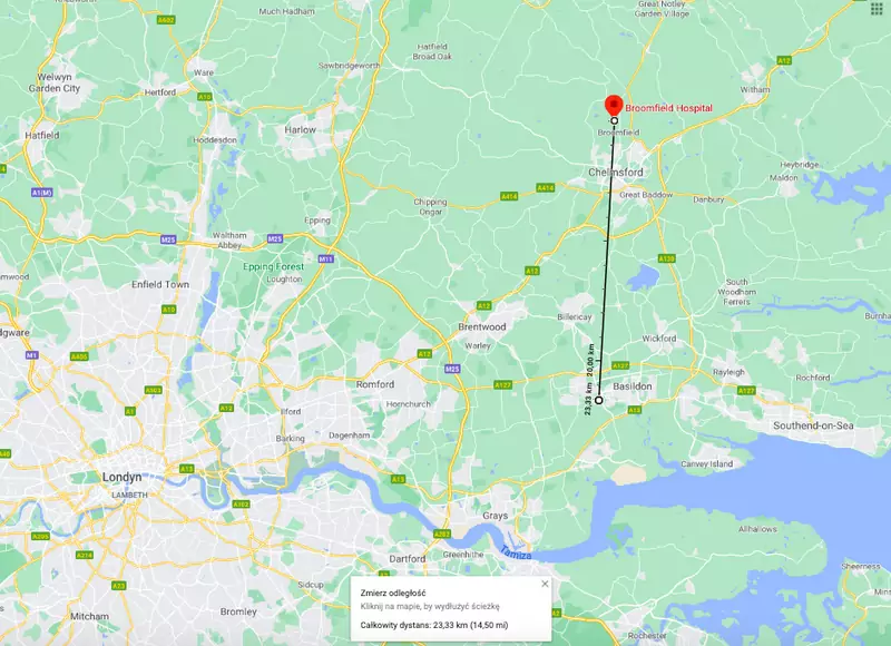 Szpitale w Broomfield i Basildon dzieli 23 km w linii prostej