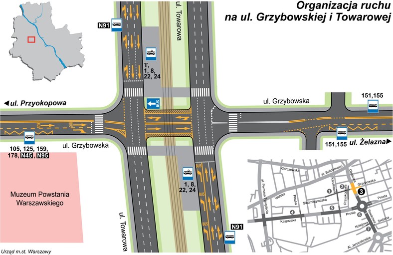 Zmiana organizacji ruchu na ul. Grzybowskiej i Towarowej. (fot. materiały prasowe Urzędu Miasta Stołecznego Warszawy)