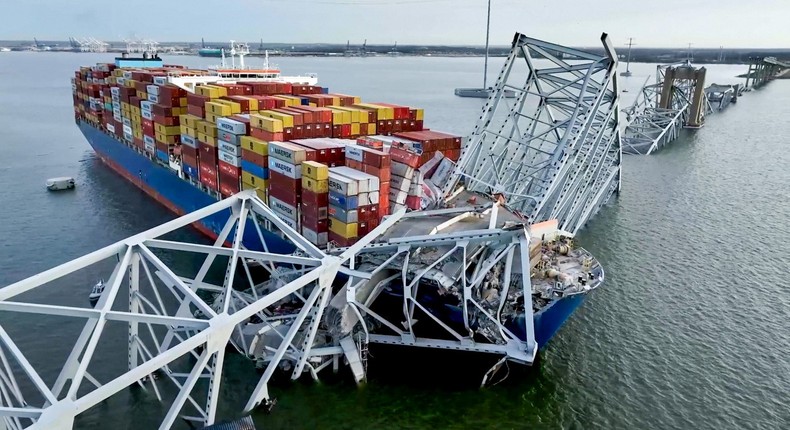 Drone footage shows aftermath of the Dali container ship's collision into the Francis Scott Key Bridge in Baltimore, Maryland, on March 26, 2024.Anadolu Agency via Reuters