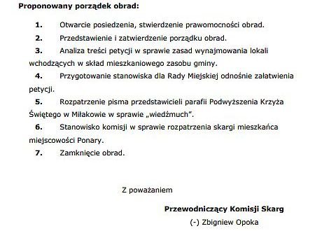 Porządek obrad komisji skarg w Miłakowie