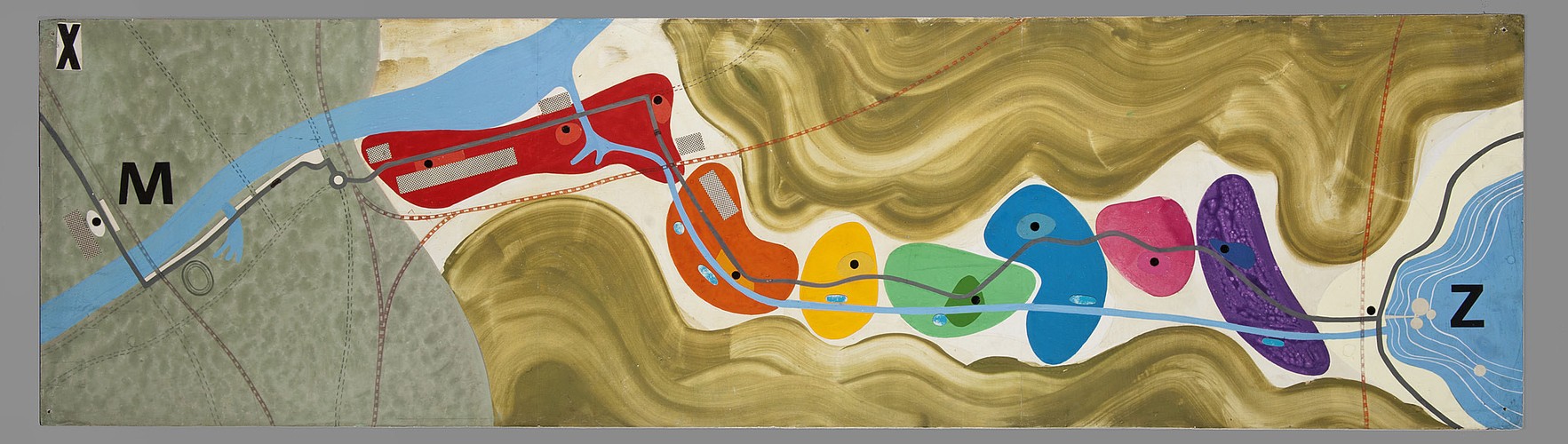 Teresa Brzóskiewicz, Janusz Laudański, Tadeusz Wencel Plan zagospodarowania Trasy Muzeum – Zalew Zegrzyński, 1971 kolaż, druk, gwasz, papier na sklejce, 48,5 × 175 cm,  Muzeum Narodowe w Warszawie