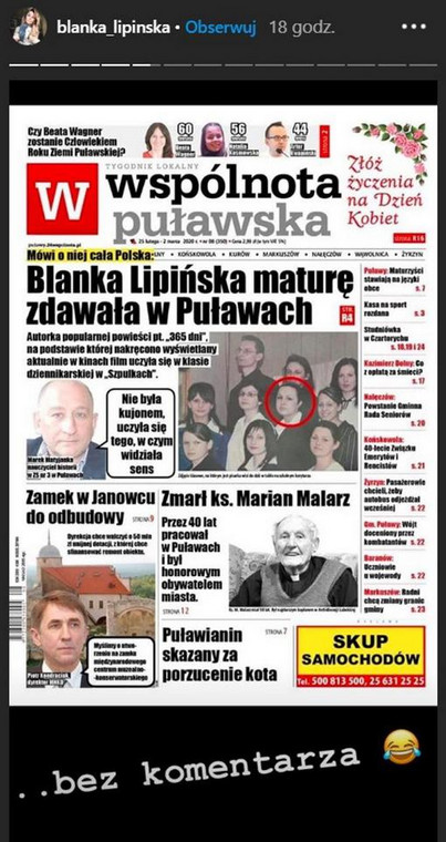 Poznalibyście Blankę Lipińską ze studniówkowego zdjęcia w lokalnej prasie?