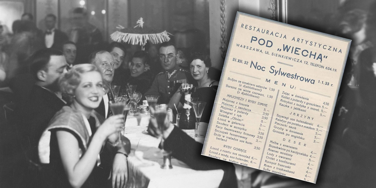 Tak wyglądało menu sylwestrowe w 1932 roku. A w tle można wypatrzyć Eugeniusza Bodo oraz Reri, aktorka z Tahiti, z którą planował ślub.