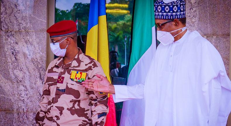 President Muhammadu Buhari meets with Gen. Mahamat Idriss Deby, President of Chad’s Transitional Military Council. [Presidency]