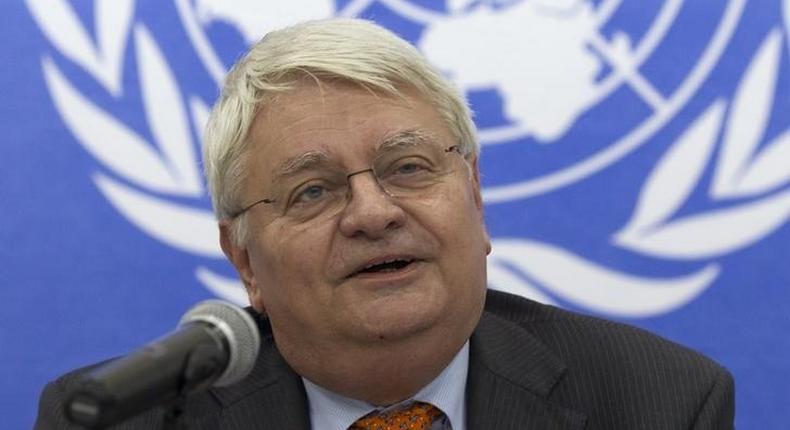 U.N. peacekeeping chief Herve Ladsous talks to journalists during a news conference in Bangui May 3, 2014. 