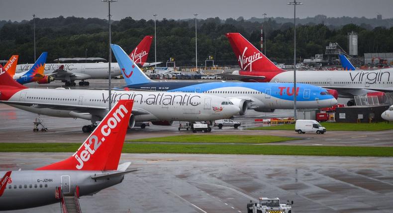 Aircraft operated by TUI, Virgin Atlantic, Easyjet and Jet2, pictured at Manchester Airport.Anthony Devlin/AFP via Getty Images