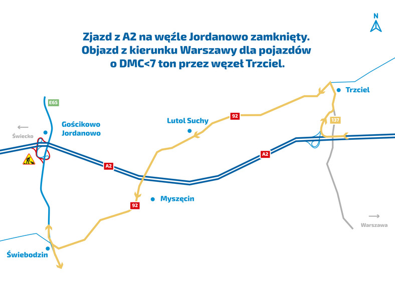Objazd z kierunku Warszawy dla pojazdów o DMC do 7 t