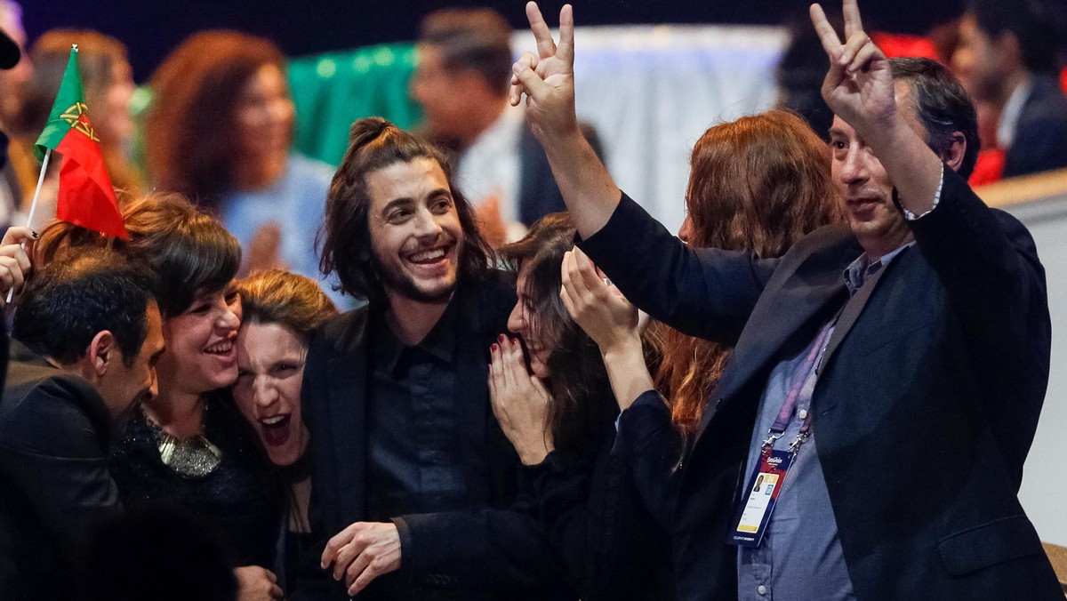 Portugal's Salvador Sobral celebrates with team after the Eurovision Song Contest 2017 Semi-Final 1 