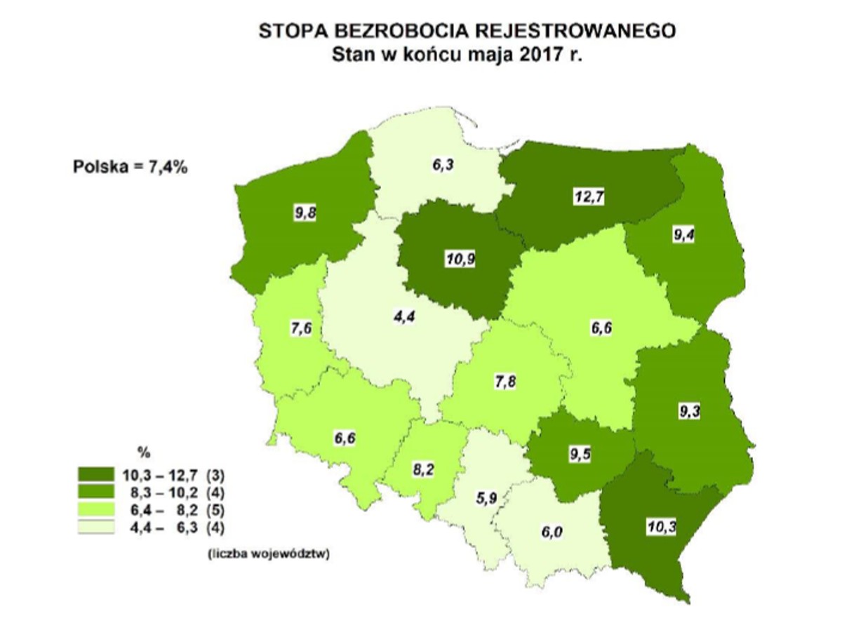 Stopa bezrobocia - maj 2017 - mapa, źródło: GUS