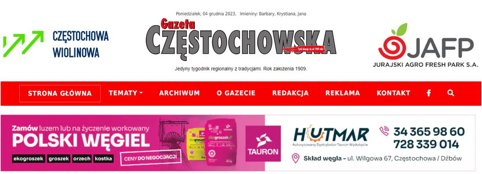 "Gazeta Częstochowska", zrzut ekranu. Widoczne reklamy państwowych spółek