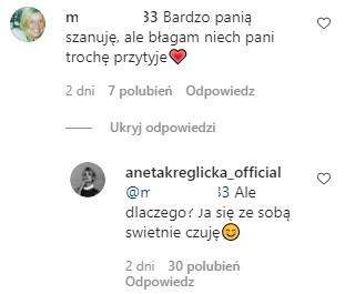 Aneta Kręglicka odpowiada na krytykę na Instagramie