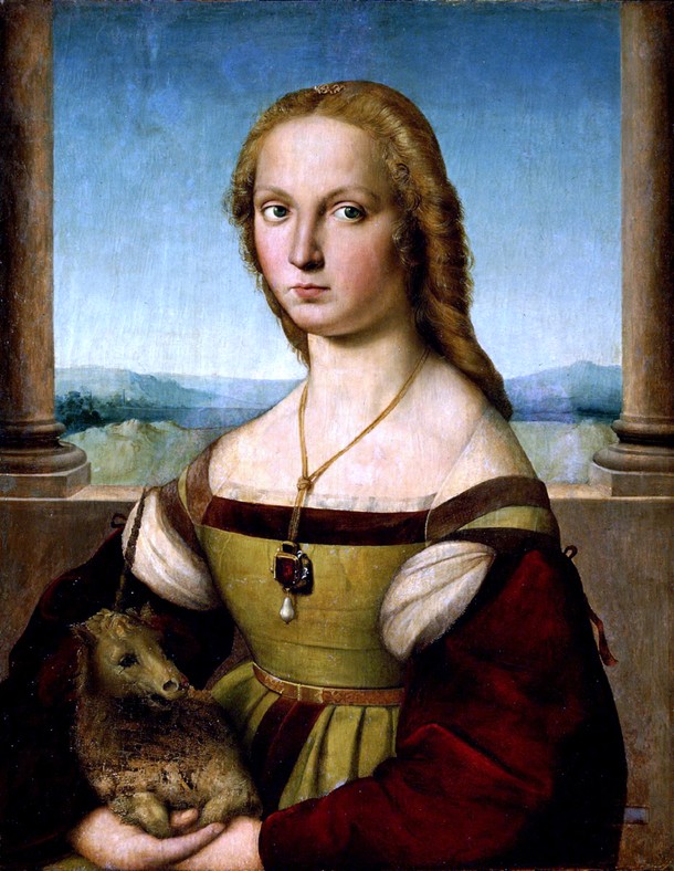 „Dama z jednorożcem, Rafael Santi, 1506 r., Galeria Borghese w Rzymie