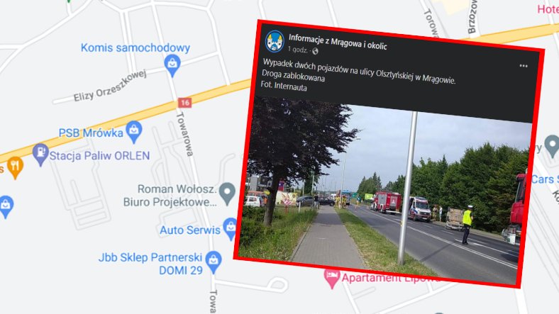 Wypadek na ul. Olsztyńskiej w Mrągowie (fot. Facebook/Informacje z Mrągowa i Okolic)