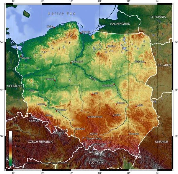 Topograficzna mapa współczesnej Polski / fot. wikipedia, CC-BY-SA 3.0