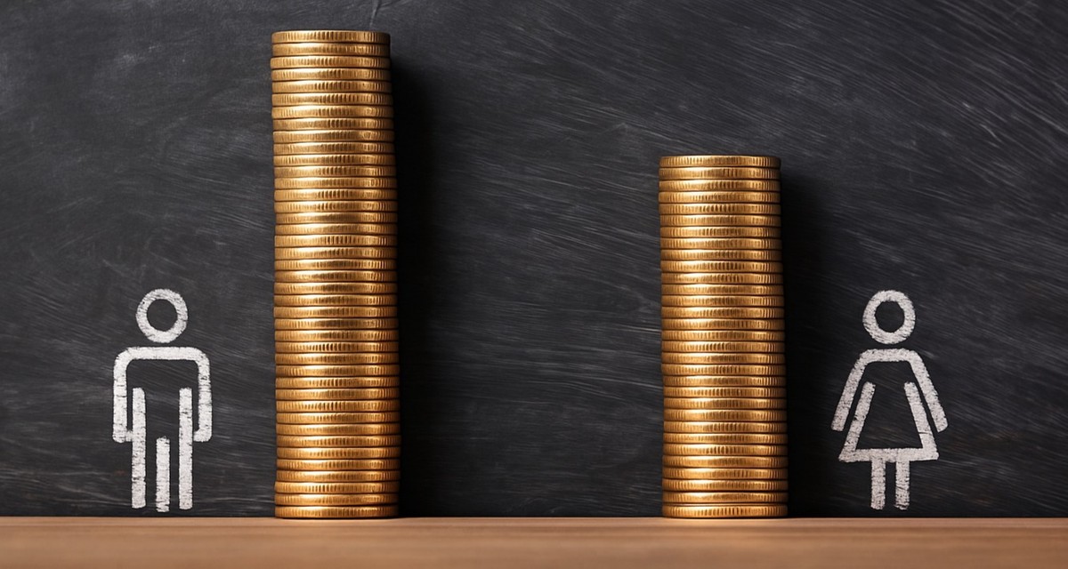 Monety ustawione w słupkach obok narysowanej pary - kobiety i mężczyzny