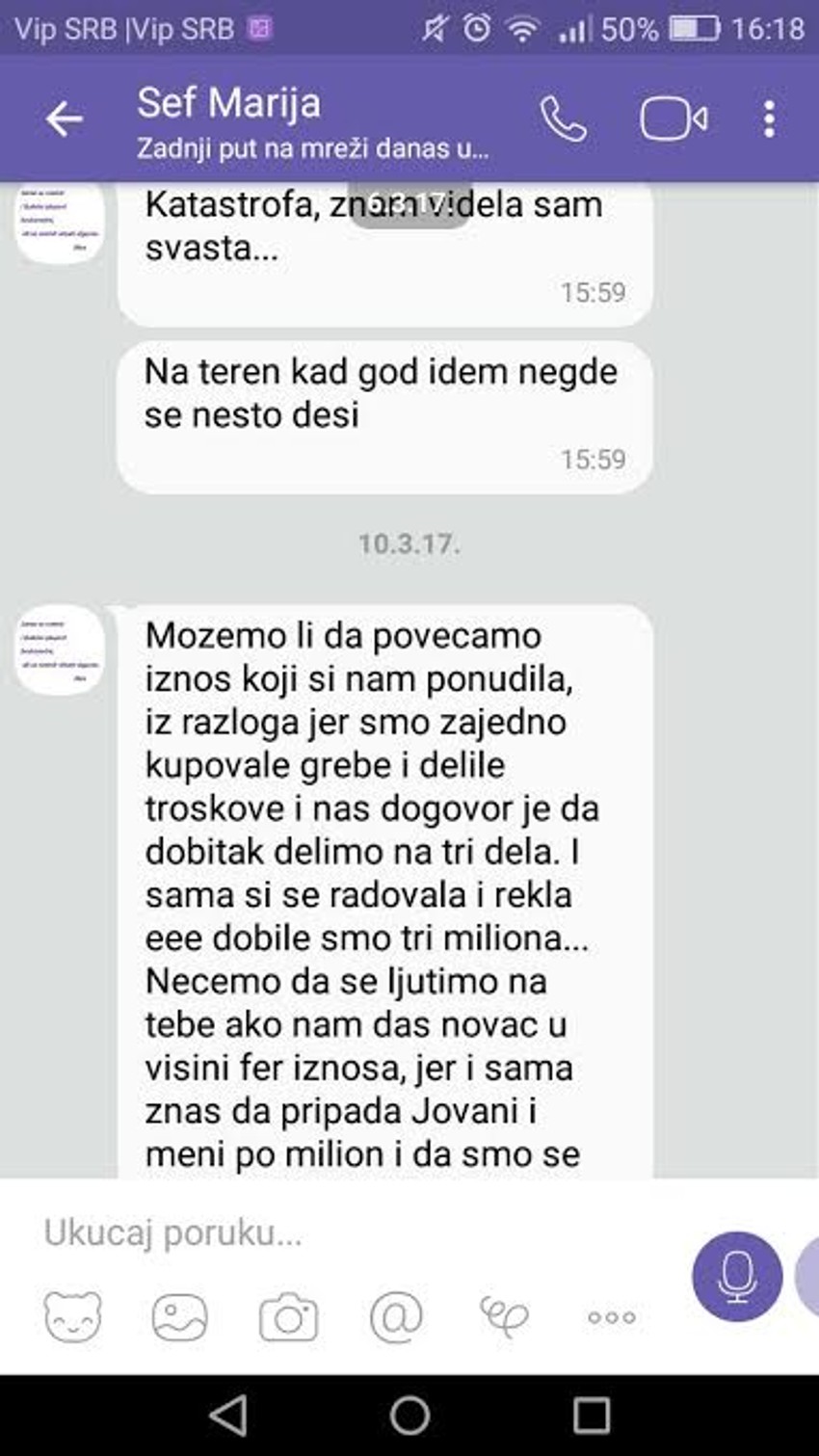 Poruka u kojoj su od Vesne tražile milion dinara
