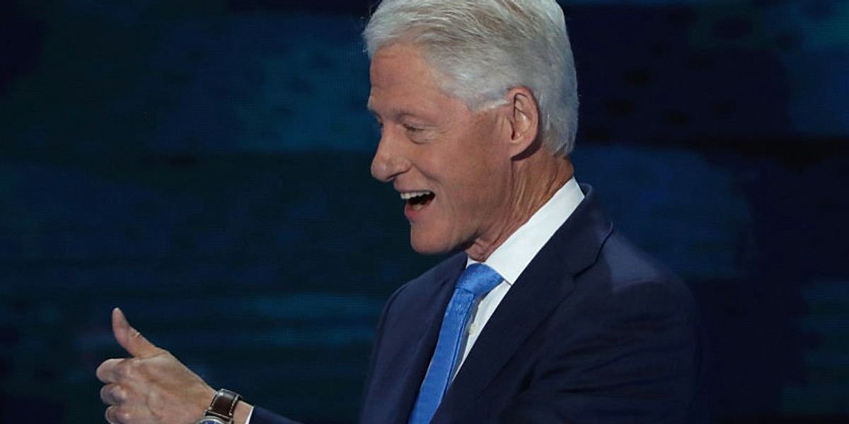 Former President Bill Clinton showing off his Shinola Runwell watch while giving a thumbs up.