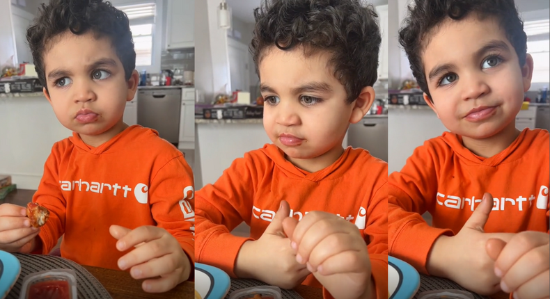 Adorable baby boy reviewing chef's cooking