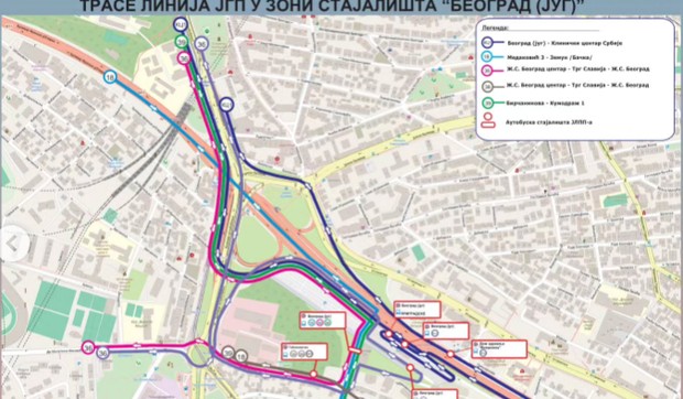 Mapa linija JGP na stajalištu Beograd Jug