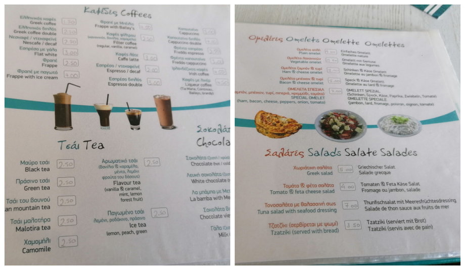 Przykładowe dania z karty kafejki w Plakias.