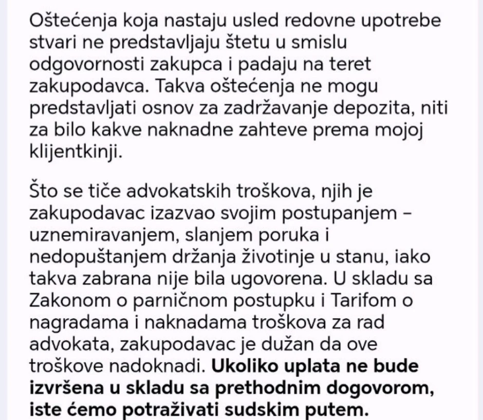 Deo opomene upućen od strane advokatice 