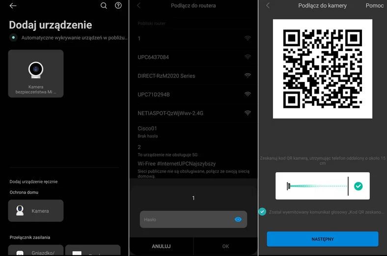 Po wykryciu kamery przez aplikację wystarczy podać parametry sieci, z którą ma współpracować oraz pokazać jej obiektywowi wygenerowany przez program kod QR
