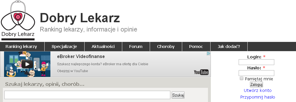 <strong>DobryLekarz.info</strong><br><br>Strona zawiera bazę danych o chorobach (można w niej znaleźć informację o objawach i przebiegu różnych schorzeń), a także ranking lekarzy - przy czym podstawą do jego sporządzenia nie są oceny wystawiane przez internautów lecz liczba opinii na temat danego lekarza (im więcej, tym dana osoba jest wyżej w zestawieniu).