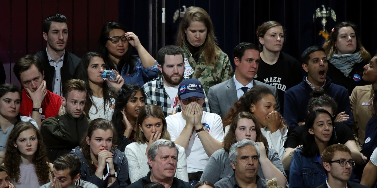 People watching the voting results at Democratic presidential nominee Hillary Clinton's election-night event at the Jacob K. Javits Convention Center in New York City on Tuesday night.