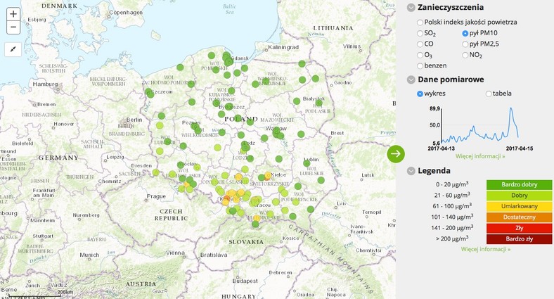 Stężenie pyłu PM10 - 2017-04-15 od godziny 04:00 do 05:00