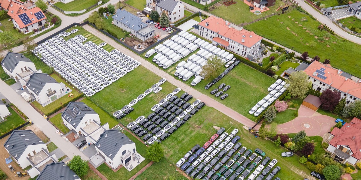 Parking pośród willi obrósł w tesle.