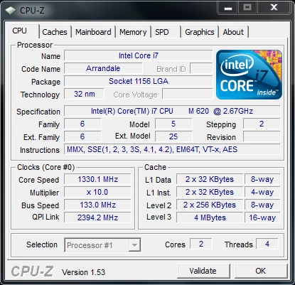Core i7-620M w trybie bezczynności
