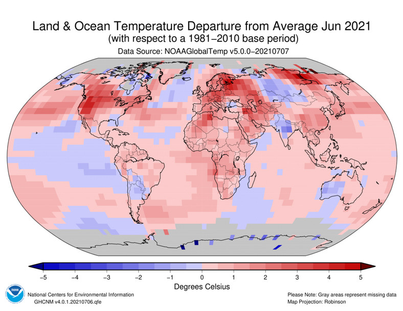 Odchylenie temperatury od średniej w czerwcu 2021 na świecie (okres referencyjny 1981-2010)