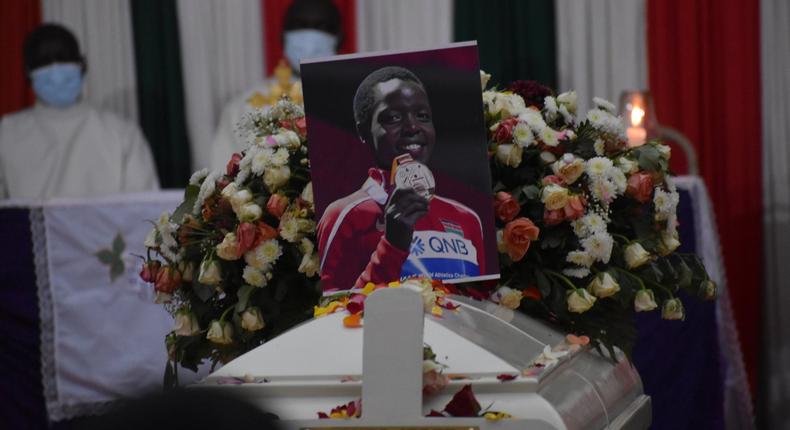 Slain Olympian and World Record holder Agnes Tirop was on Saturday 23 October 2021 laid to rest at her parent's home in Nandi County. PHOTO COURTESY: @MichKatami on Twitter