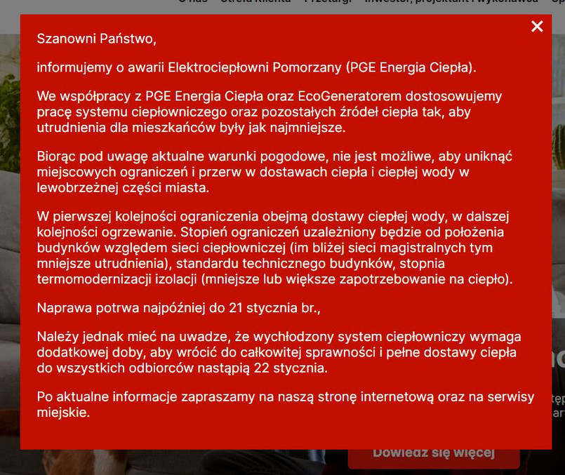 Informacja o awarii ze strony sec.com.pl