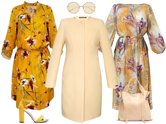Żółty - kolor wiosny 2019. STYLIZACJA: sukienka w bordowo-różowe kwiaty – Modern Line/modernline.pl, płaszcz – Dziekański/dziekanski.pl, sukienka w filetowo-białe kwiaty – Cotton Club/cottonclub.pl, torba – BOCA/boca.pl, buty – Menbur/menbur.pl, okulary – TK Maxx