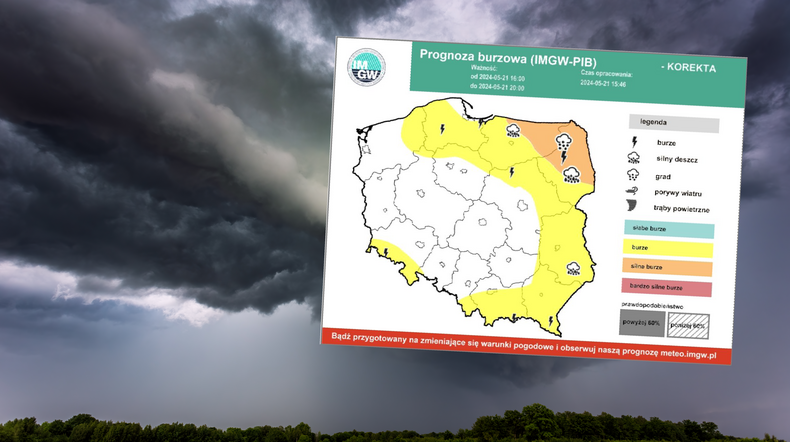 Kolejne gwałtowne burze w Polsce, IMGW wydał ostrzeżenia pierwszego i drugiego stopnia (screen: IMGW)