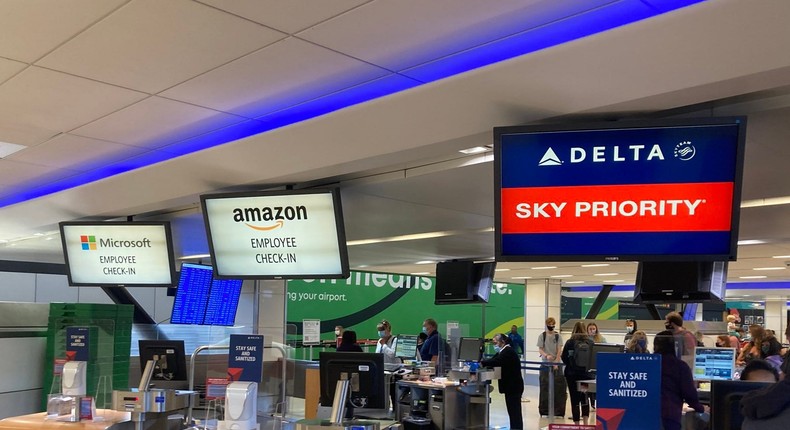 Delta Air Lines check-in for Amazon and Microsoft employees in Seattle.