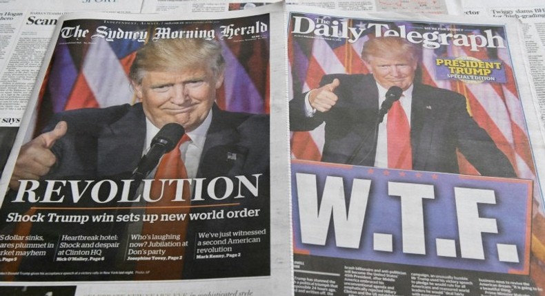 Newspapers in Sydney headline the win by Donald Trump who has yet to detail his foreign policy leaving Washington's friends and foes looking for clues to his agenda