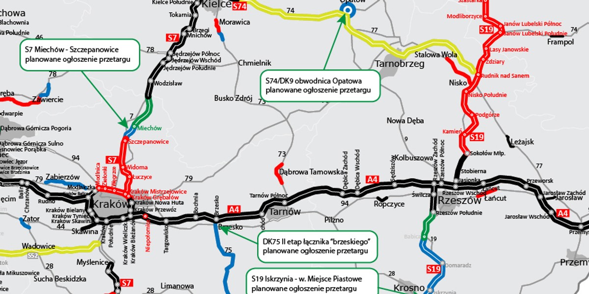 Wśród zaplanowanych przez GDDKiA przetargów znajdzie się m.in. 200 km drogi ekspresowej S19 na terenie woj. podlaskiego, podkarpackiego i lubelskiego, odcinki autostrad A2 i A18 o długości łącznej ponad 100 km, odcinek S7 na terenie woj. małopolskiego, obwodnice Chełma, Opatowa i fragment obwodnicy Koszalina, S17 między Drewnicą a Ząbkami.