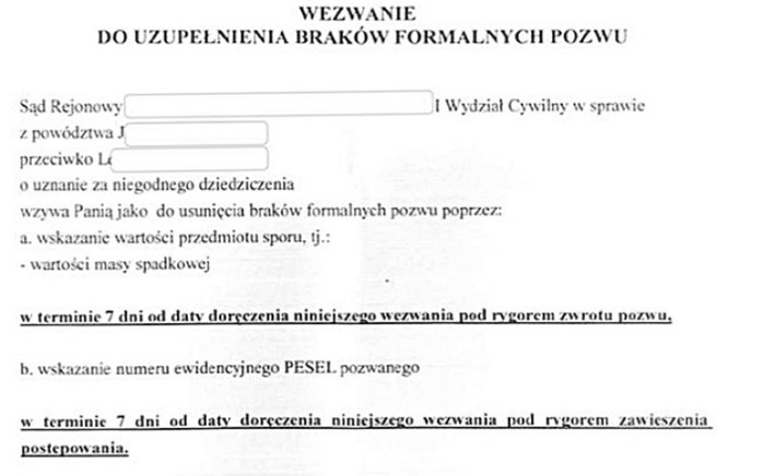 Wezwanie do uzupełnienia braków formalnych pozwu