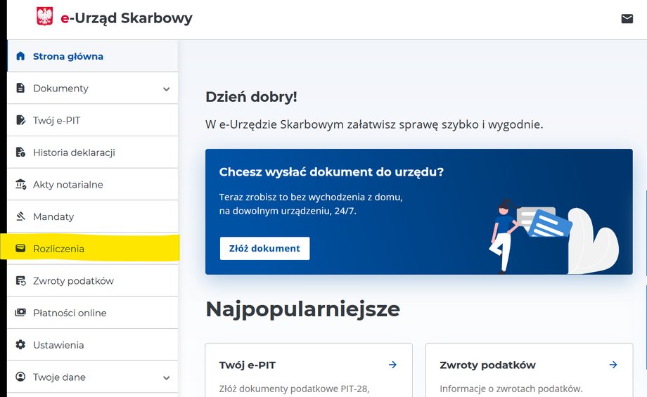 e-Urząd Skarbowy po zalogowaniu i nowa usługa — Rozliczenia