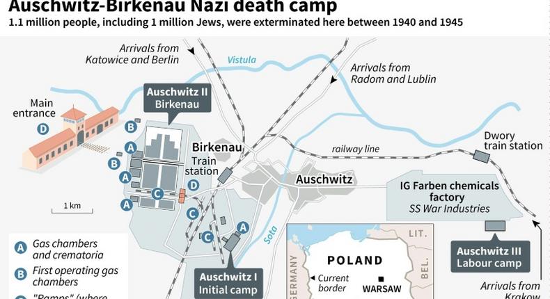 Map of the Auschwitz-Birkenau Nazi death camp as it was in 1944 in Poland. Over a million Jews were exterminated in the camp by the Nazis between 1940 and 1945